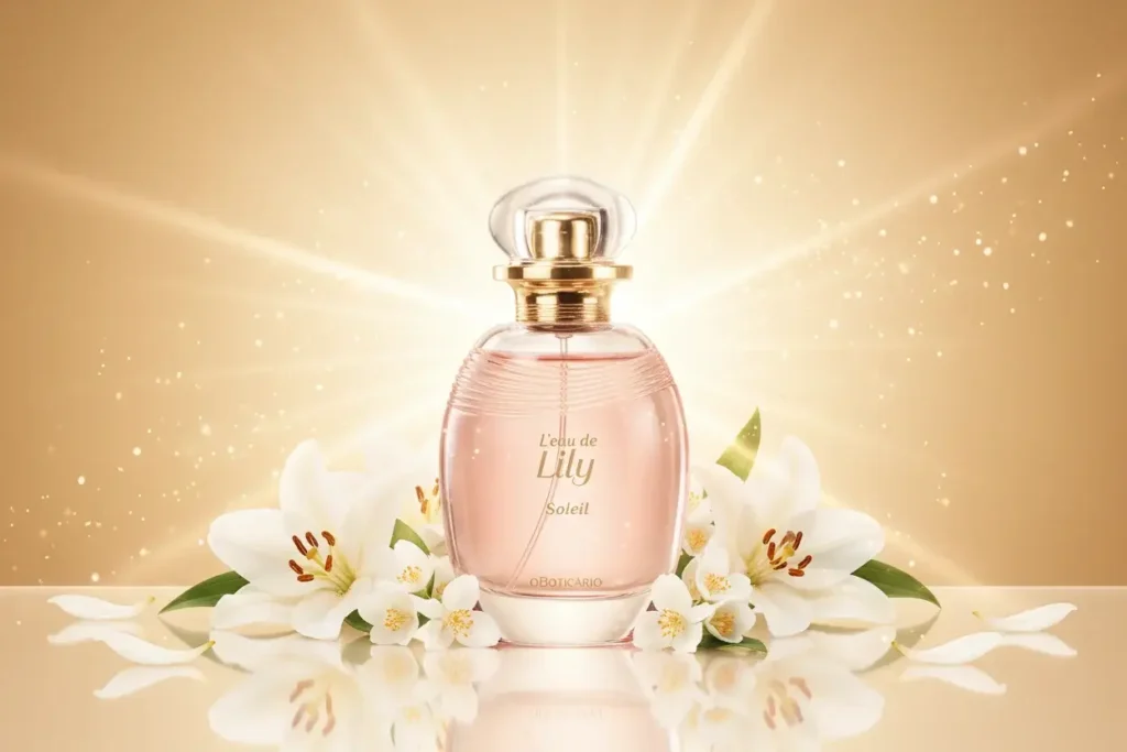 Perfume L’eau de Lily Soleil em cenário dourado com flores brancas, representando fragrância floral elegante, luminosa e sofisticada