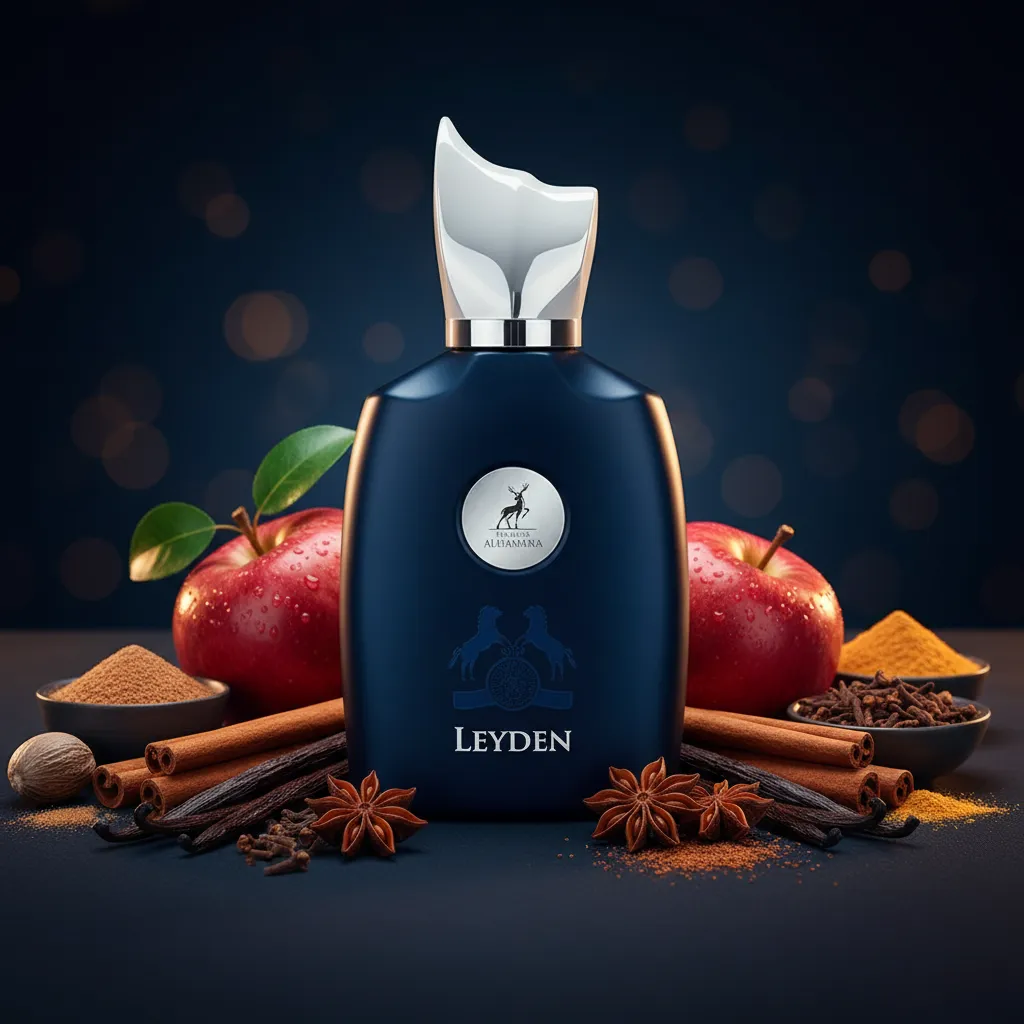 Perfume Leyden da Maison Alhambra em frasco elegante, com elementos como maçã, baunilha e especiarias ao redor, representando uma fragrância doce sofisticada, moderna e envolvente.