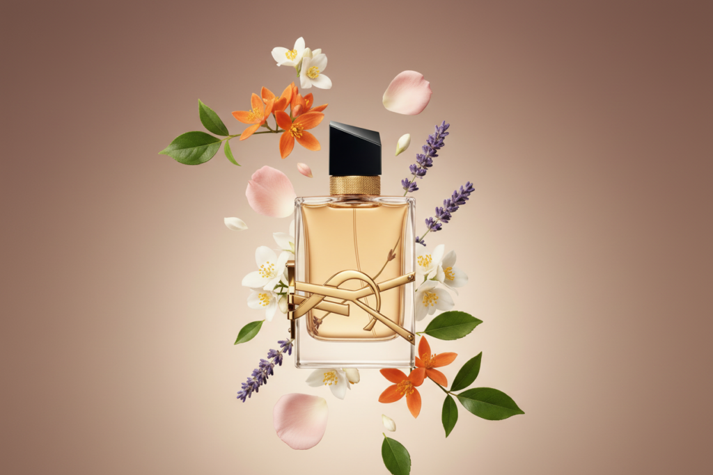 Perfume Libre da Yves Saint Laurent em frasco elegante com detalhes dourados, acompanhado por flores e lavanda, representando uma fragrância feminina moderna, sofisticada e marcante.