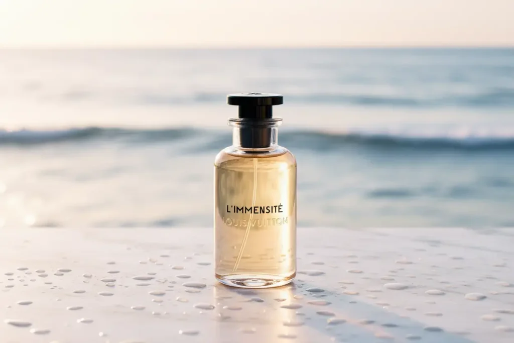Louis Vuitton L'Immensité perfume masculino aquático amadeirado frasco âmbar sobre mármore com oceano ao fundo