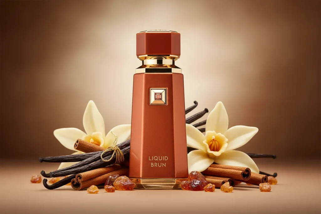 Perfume Liquid Brun da French Avenue em frasco elegante, com elementos como baunilha, canela e âmbar ao redor, representando uma fragrância doce, quente, sofisticada e envolvente.
