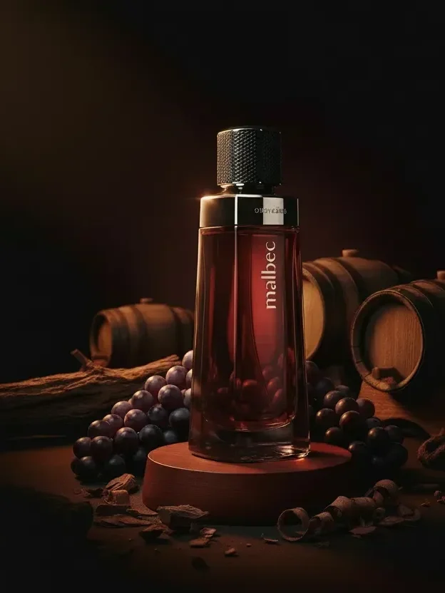 Perfume Malbec com uvas escuras, madeira e barris de vinho em cenário sofisticado escuro, representando fragrância amadeirada intensa e masculina