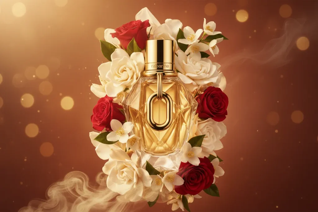 Perfume Million Gold for Her da Paco Rabanne em frasco dourado elegante, com elementos florais e fundo quente, representando uma fragrância doce, feminina, sensual e marcante