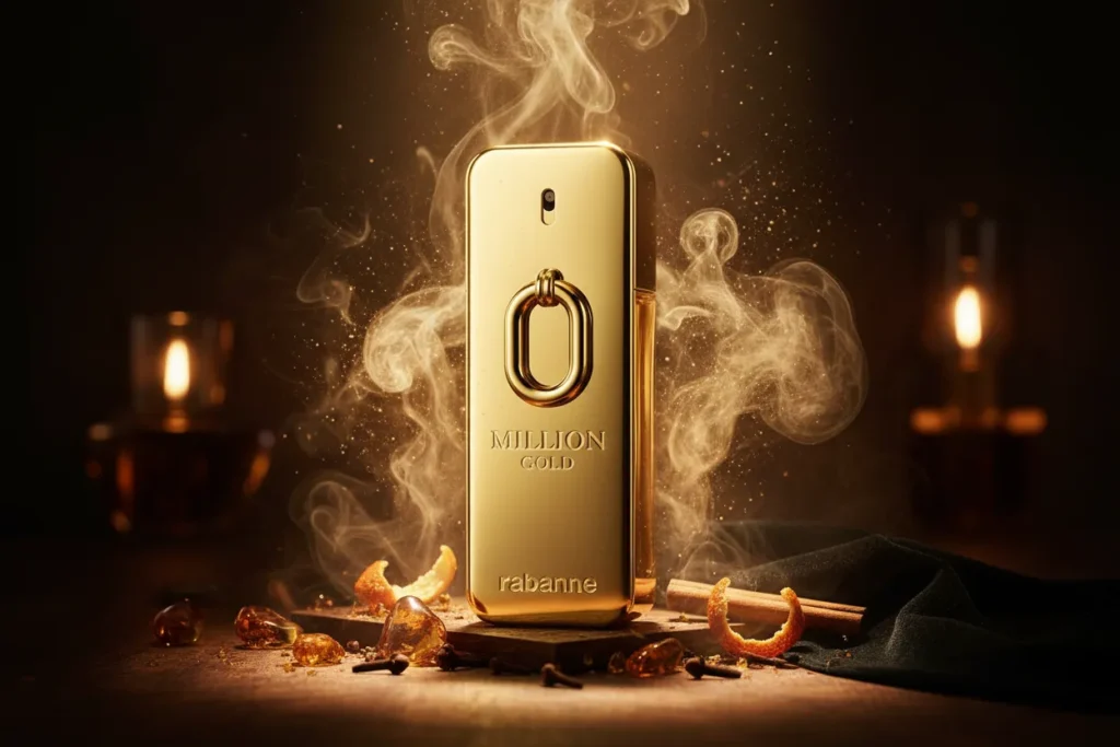 Perfume Million Gold da Paco Rabanne em frasco dourado luxuoso, com elementos ambarados e especiados ao redor, representando uma fragrância doce, intensa, masculina e marcante.
