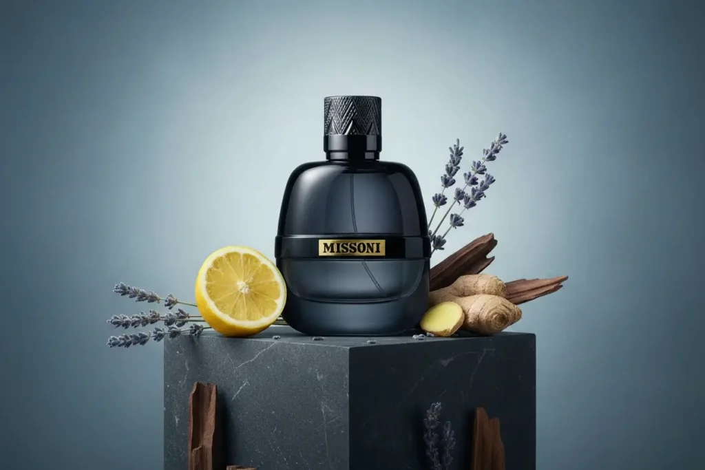 Perfume Missoni Pour Homme com limão, lavanda, gengibre e madeira em cenário moderno azul acinzentado, representando fragrância fresca, elegante e versátil no estilo Bleu de Chanel