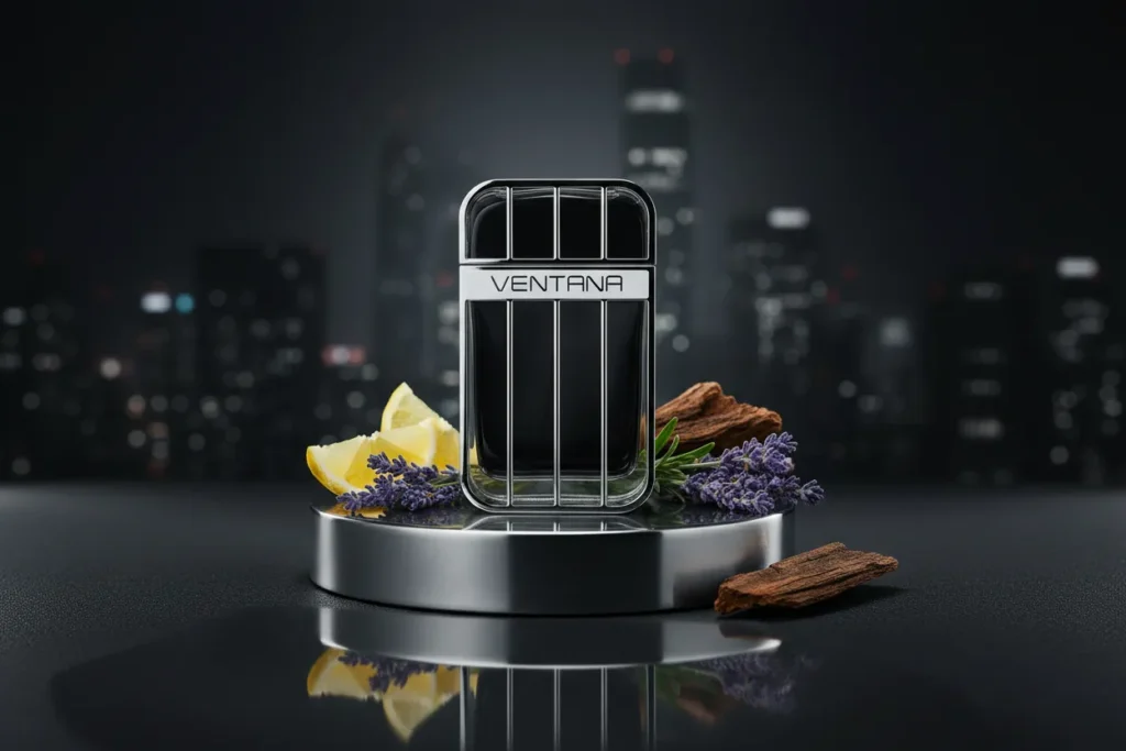 Perfume Afnan Modest Une com limão, lavanda, pimenta e madeira em cenário escuro com fumaça, representando fragrância fresca, especiada e masculina semelhante ao Dior Sauvage