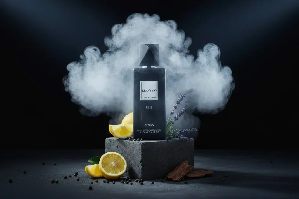 Perfume Afnan Modest Une com limão, lavanda, pimenta e madeira em cenário escuro com fumaça, representando fragrância fresca, especiada e masculina semelhante ao Dior Sauvage