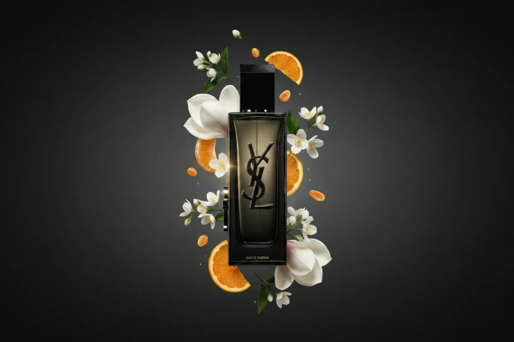 Frasco do perfume MYSLF da Yves Saint Laurent em destaque com fundo minimalista e elementos cítricos e florais, representando uma fragrância moderna, elegante e sofisticada.