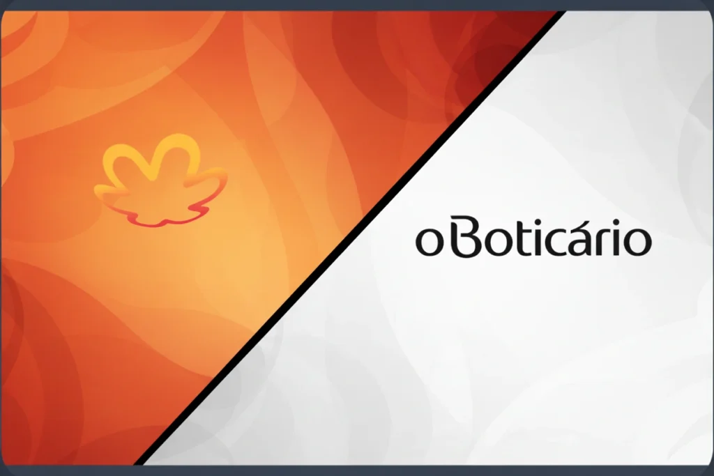 Imagem dividida diagonalmente: à esquerda, fundo em tons de laranja com o símbolo da Natura; à direita, fundo claro com o logo oBoticário em destaque.