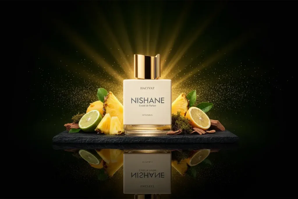 Perfume Nishane Hacivat em cenário sofisticado com abacaxi, limão e madeiras, representando fragrância frutada amadeirada fresca, elegante e de alta fixação