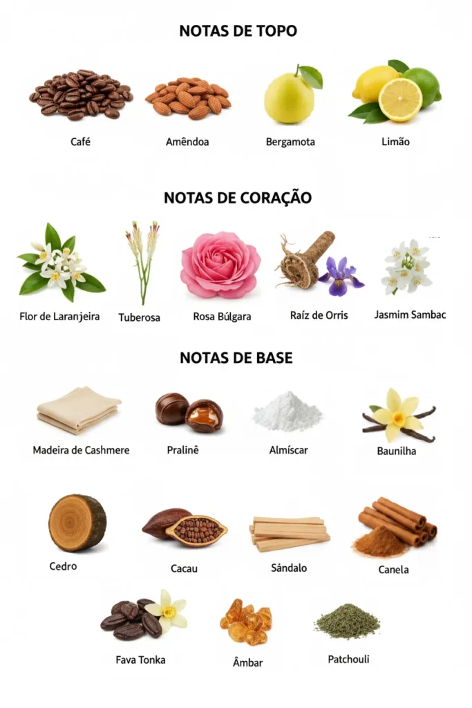 Imagem das notas do perfume Good Girl organizadas em topo, coração e base, com destaque para café, amêndoa, jasmim, baunilha e fava tonka, representando um perfume doce floral feminino elegante, equilibrado e envolvente.