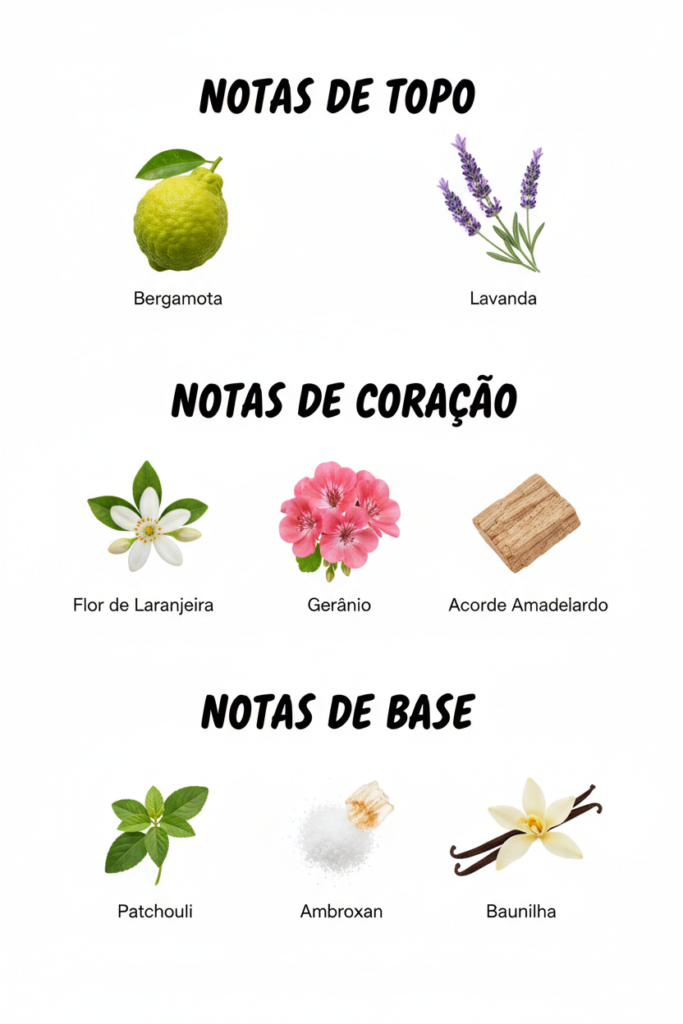 Imagem das notas do perfume organizadas em topo, coração e base, destacando bergamota, flor de laranjeira, madeiras e almíscar, representando um perfume masculino cítrico floral moderno e versátil.