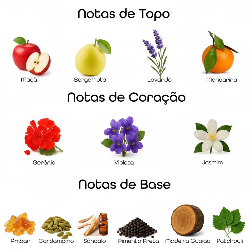 Imagem das notas do perfume Leyden organizadas em topo, coração e base, com destaque para maçã, lavanda, baunilha, cardamomo e madeiras, representando um perfume doce ambarado masculino elegante, sofisticado e moderno.