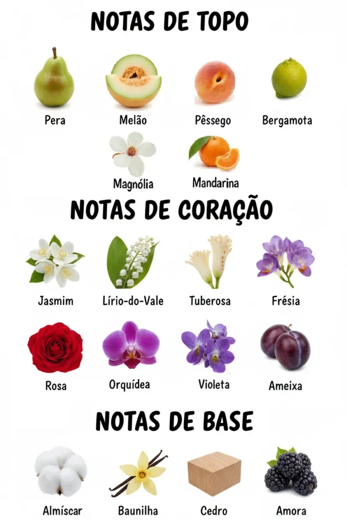 Imagem das notas do perfume organizadas em topo, coração e base, destacando jasmim, rosa, ylang-ylang e almíscar, representando um perfume floral feminino elegante e sofisticado.