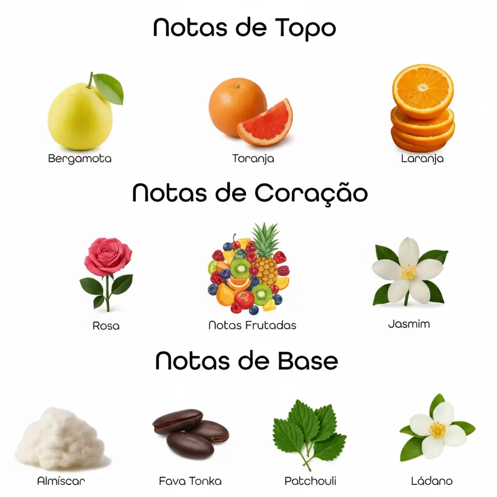 Imagem das notas do perfume Coco Mademoiselle Intense organizadas em topo, coração e base, com destaque para bergamota, laranja, rosa, jasmim, patchouli e baunilha, representando um perfume floral cítrico feminino elegante, sofisticado e moderno.