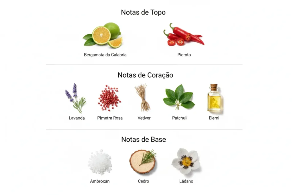 Imagem das notas do perfume Sauvage EDT organizadas em topo, coração e base, com destaque para bergamota, pimenta, lavanda e ambroxan, representando um perfume cítrico aromático masculino moderno e versátil.