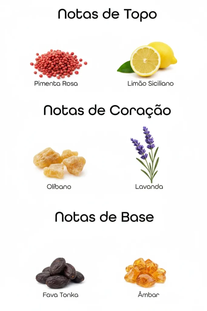 Imagem das notas do perfume Victorioso Victory organizadas em topo, coração e base, com destaque para baunilha, fava tonka, âmbar e lavanda, representando um perfume doce ambarado masculino intenso, envolvente e moderno.