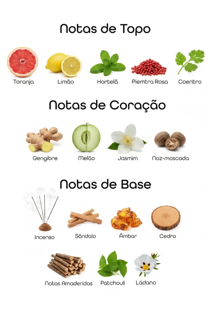 Imagem das notas do perfume Club De Nuit Iconic organizadas em topo, coração e base, com destaque para bergamota, limão, gengibre, lavanda, madeiras e incenso, representando um perfume cítrico amadeirado masculino elegante, sofisticado e moderno.
