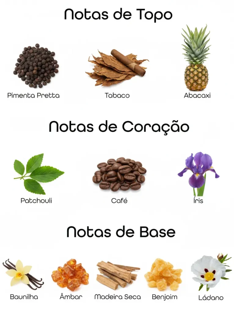 Imagem das notas do perfume Asad organizadas em topo, coração e base, com destaque para canela, baunilha, âmbar e lavanda, representando um perfume especiado ambarado masculino intenso, envolvente e moderno.