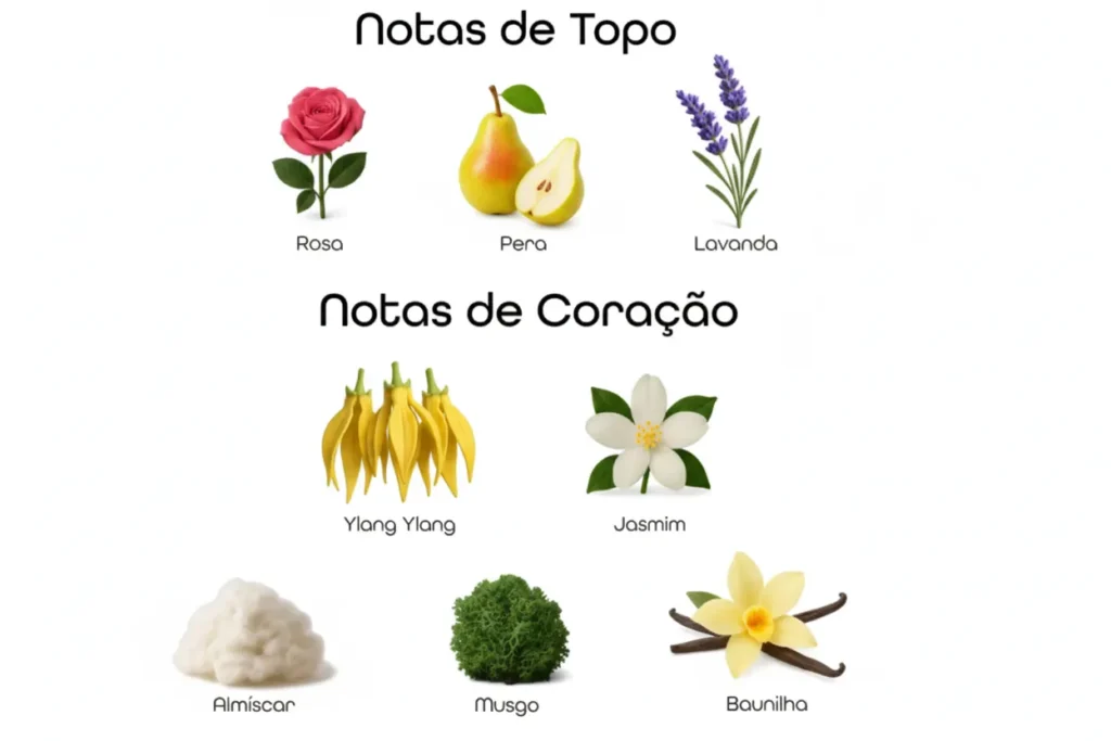 Imagem das notas do perfume Million Gold for Her organizadas em topo, coração e base, com destaque para flores brancas, baunilha e âmbar, representando um perfume doce floral quente, envolvente e feminino.