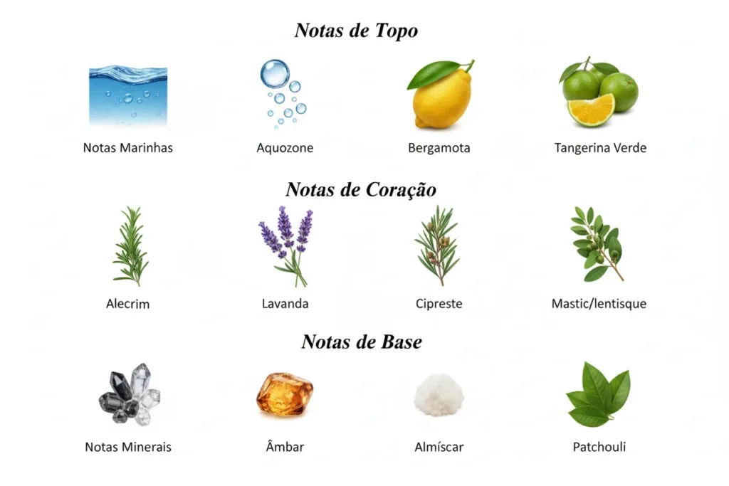 Imagem das notas do perfume Acqua Di Giò Profondo organizadas em topo, coração e base, com destaque para notas marinhas, bergamota, lavanda e ambroxan, representando um perfume aquático aromático moderno, fresco e versátil.
