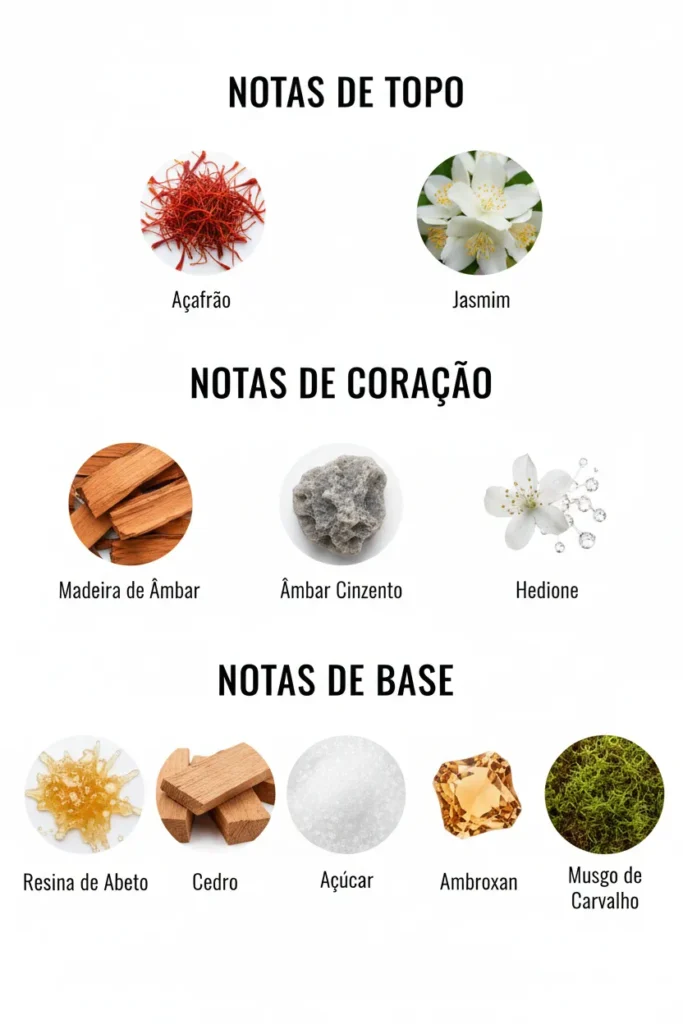 Imagem das notas do perfume Baccarat Rouge 540 organizadas em topo, coração e base, com destaque para açafrão, jasmim, âmbar e madeiras, representando um perfume doce ambarado sofisticado e extremamente marcante.