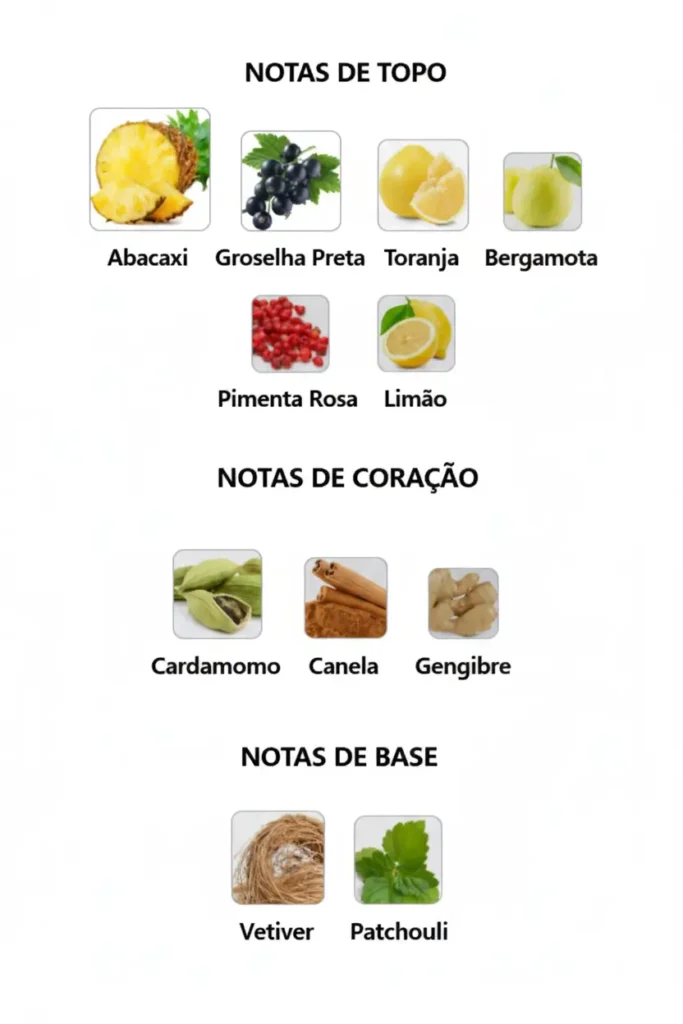 Pirâmide olfativa do perfume 3.2K com notas de abacaxi, groselha preta, toranja, bergamota, limão e pimenta rosa no topo, cardamomo, canela e gengibre no coração, e vetiver e patchouli na base.