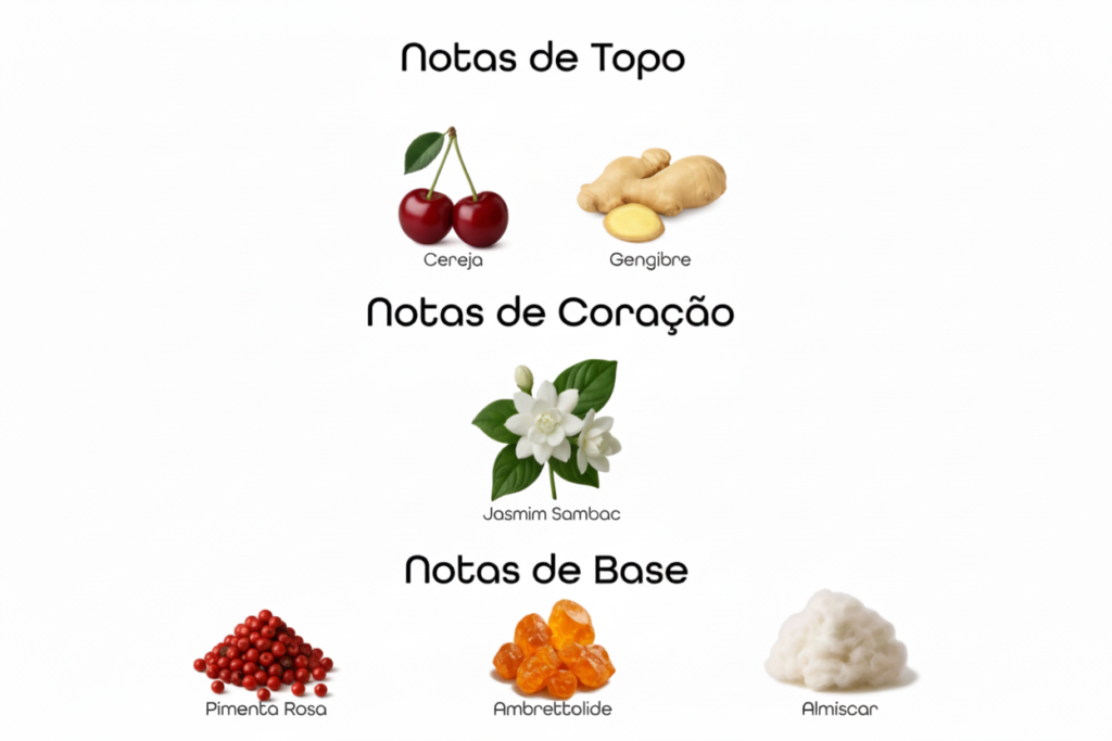 Pirâmide olfativa do perfume TOM FORD ELECTRIC CHERRY com notas de cereja, gengibre e pimenta rosa no topo, jasmim sambac e baunilha no coração, e ambrettolide e almíscar na base.