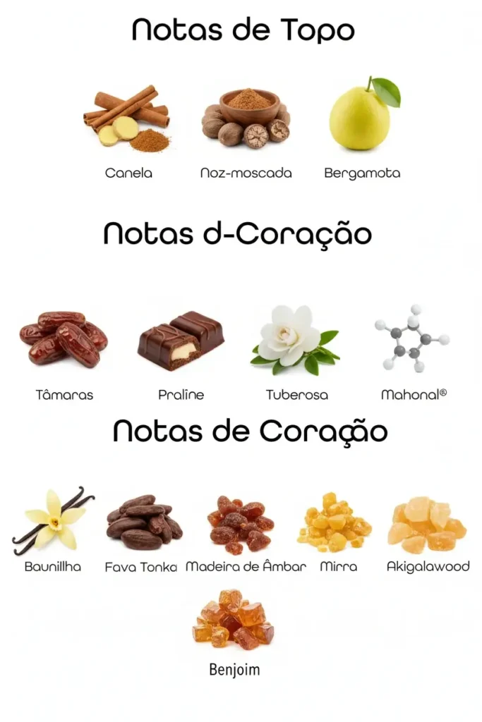 Pirâmide olfativa do Lattafa Khamrah com notas de canela, noz-moscada, bergamota, tâmaras, praline, baunilha, âmbar, mirra e fava tonka, mostrando fragrância doce, especiada e ambarada