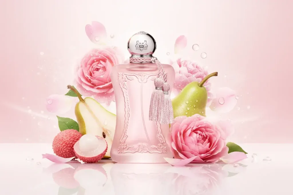 Perfume Delina La Rosée da Parfums de Marly em frasco rosa elegante com borla, cercado por rosas, lichia e pera, destacando fragrância floral fresca e delicada