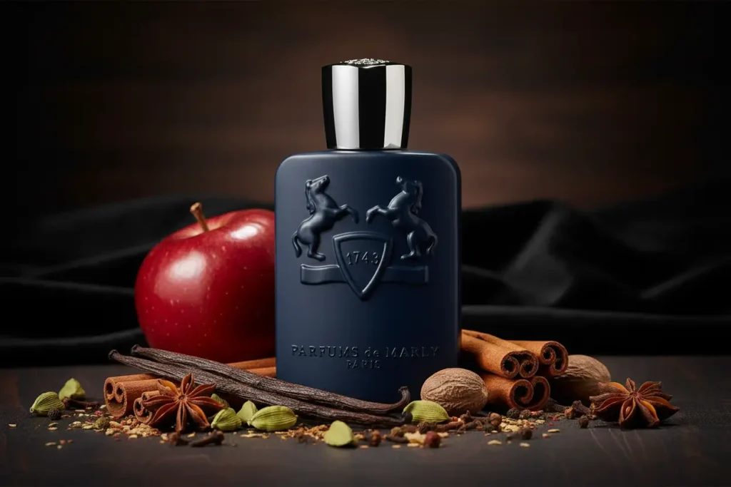 Frasco do perfume Layton da Parfums de Marly em destaque, cercado por maçã, baunilha, canela e especiarias, transmitindo sofisticação, elegância e uma fragrância doce especiada marcante da perfumaria de nicho.
