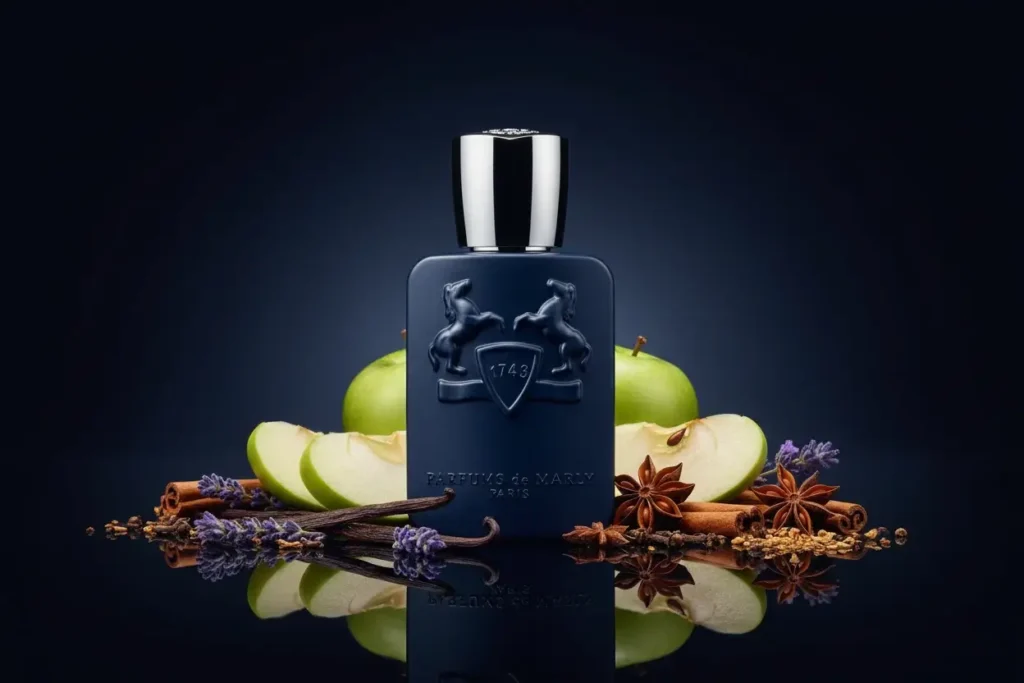 Perfume Layton com maçã, baunilha, lavanda e especiarias em cenário azul elegante, representando fragrância doce especiada moderna e sofisticada