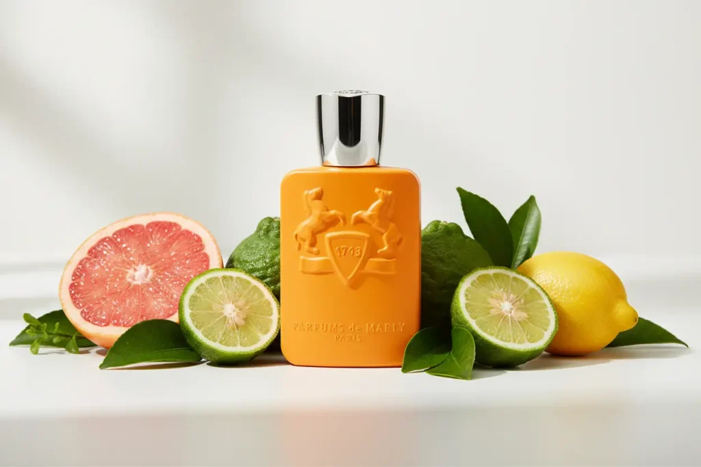 Frasco do perfume Perseus da Parfums de Marly em destaque, com toranja, limão e lima ao redor, transmitindo frescor, sofisticação e uma fragrância cítrica refinada de alta perfumaria.