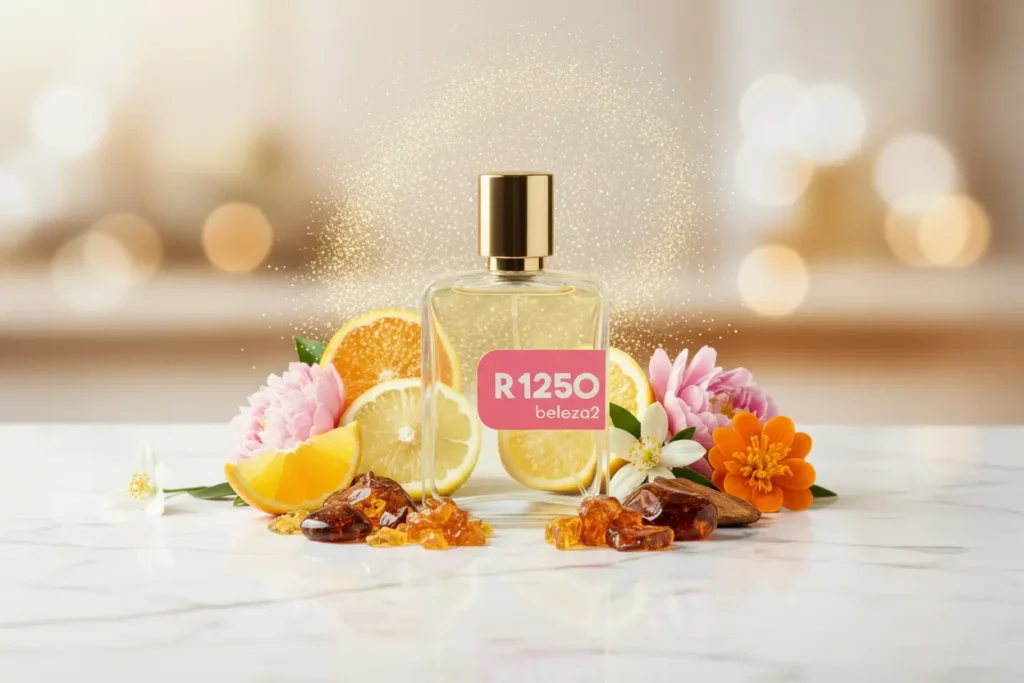 Perfume R1250 da Beleza2 em frasco transparente com tampa dourada, rodeado por notas cítricas, florais e ambaradas, transmitindo elegância, sofisticação e uma fragrância inspirada em perfumes importados de referência com excelente custo-benefício.