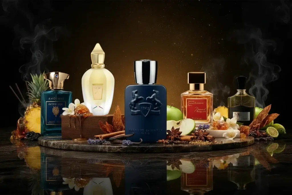 Perfumes de nicho masculinos Creed Aventus, Baccarat Rouge 540, Layton, Naxos e Interlude Man em cenário luxuoso com frutas, âmbar, mel, incenso e madeira, representando fragrâncias sofisticadas e exclusivas