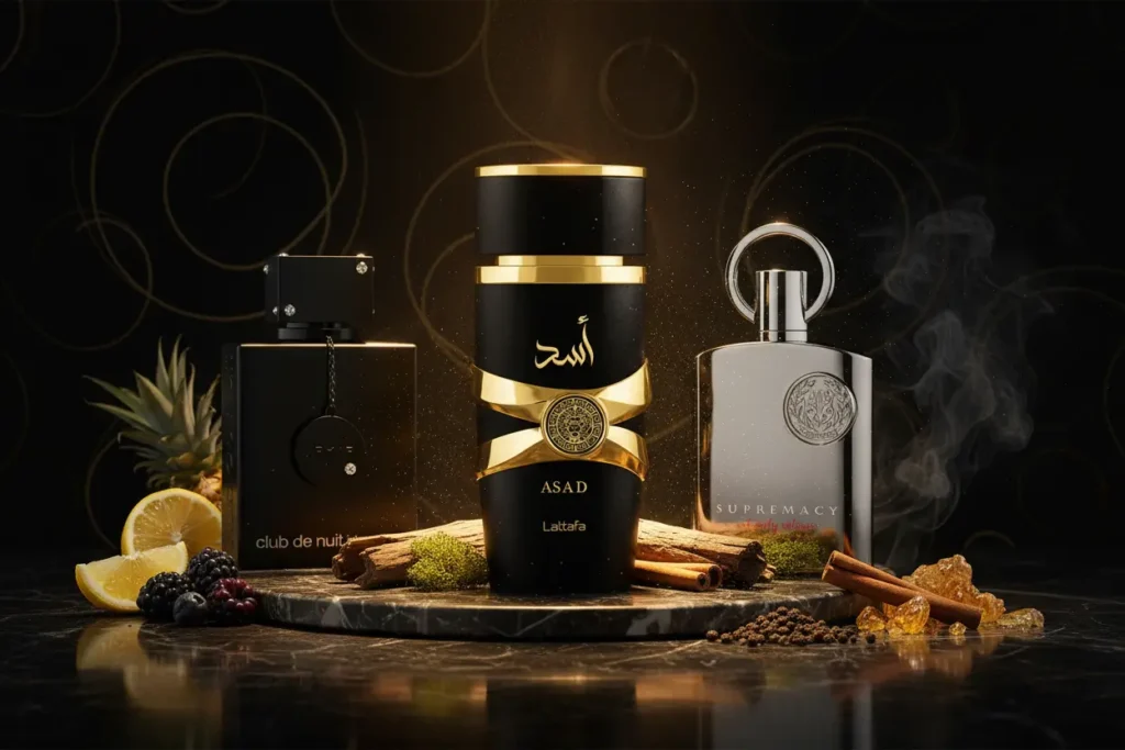 Perfumes árabes Asad Lattafa, Club de Nuit Intense Man e Afnan Supremacy em cenário luxuoso com limão, frutas escuras, especiarias e madeira, representando fragrâncias intensas, marcantes e sofisticadas