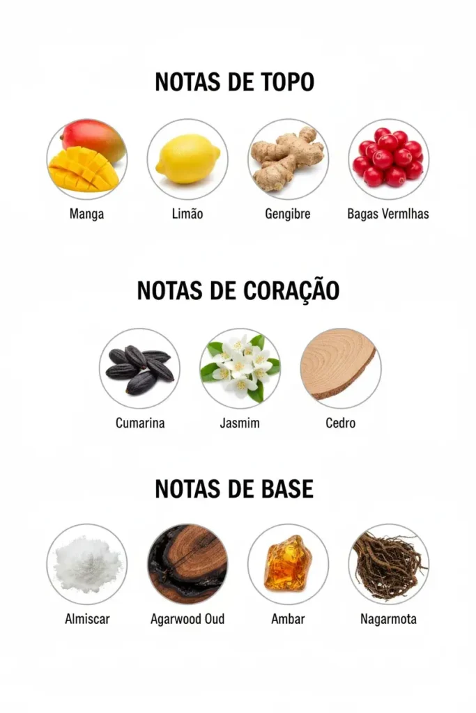 Pirâmide olfativa do God of Fire com notas de manga, limão, gengibre, frutas, jasmim, âmbar e oud, representando fragrância tropical, doce e marcante