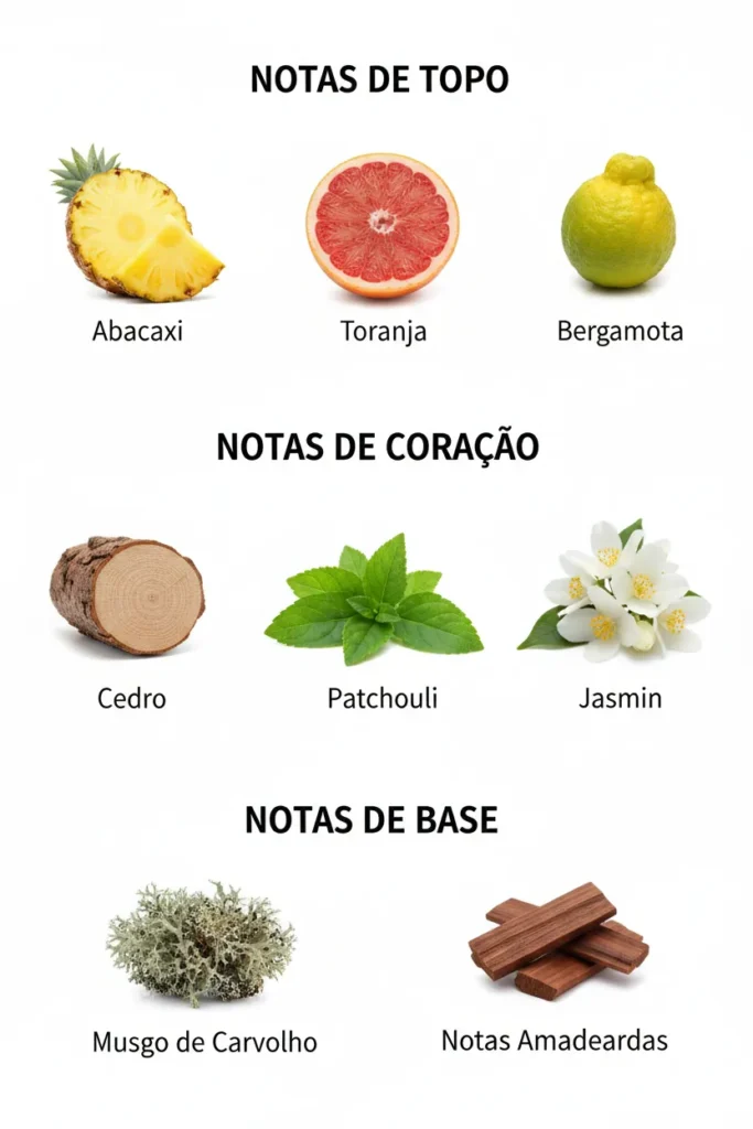 Pirâmide olfativa do Nishane Hacivat com notas de abacaxi, toranja, bergamota, patchouli, jasmim, musgo de carvalho e madeiras, representando fragrância fresca, elegante e marcante