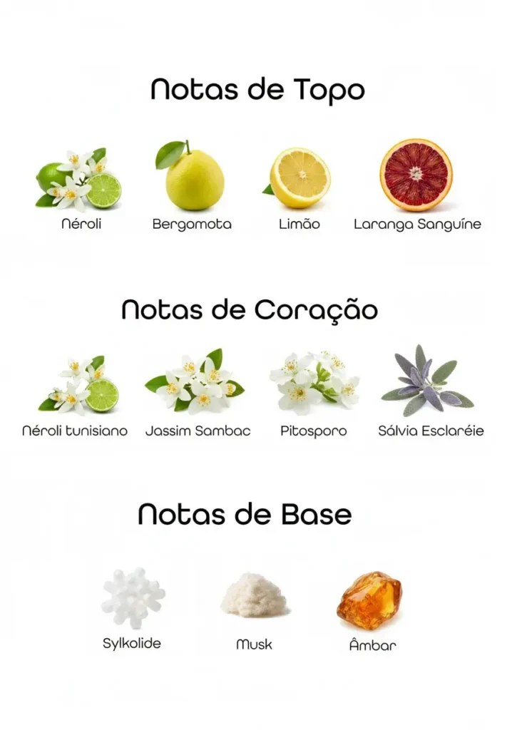 Pirâmide olfativa do Neroli Portofino com notas de neroli, bergamota, limão, jasmim, sálvia e âmbar, representando fragrância cítrica aromática fresca e sofisticada