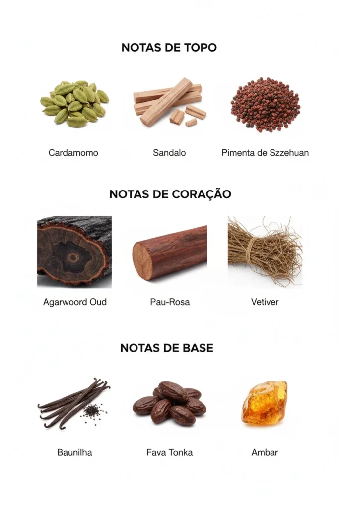 Pirâmide olfativa do Tom Ford Oud Wood com notas de cardamomo, sândalo, oud, vetiver, baunilha, fava tonka e âmbar, representando fragrância amadeirada quente e sofisticada
