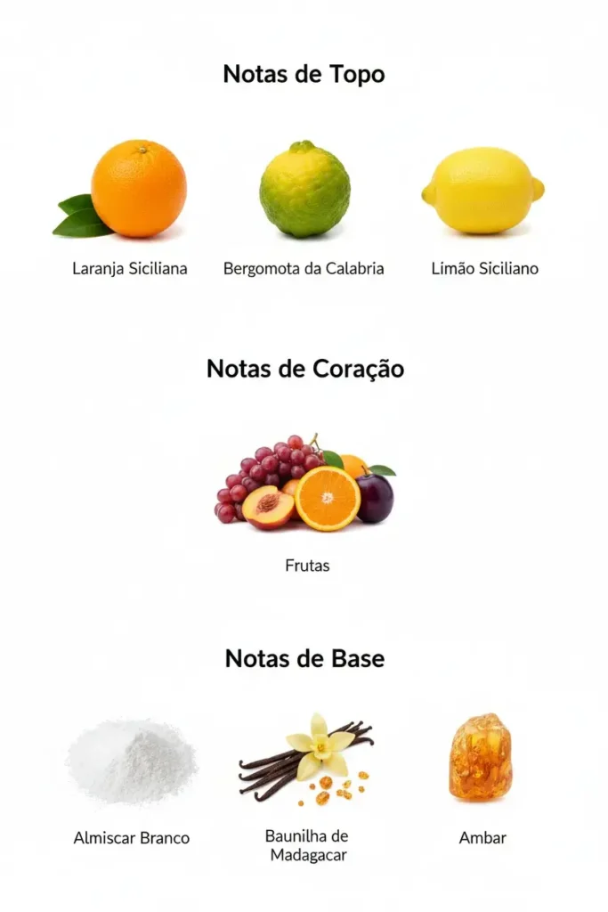 Pirâmide olfativa do Xerjoff Erba Pura com notas de laranja, bergamota, limão, frutas, almíscar branco, baunilha e âmbar, representando fragrância doce, cremosa e marcante