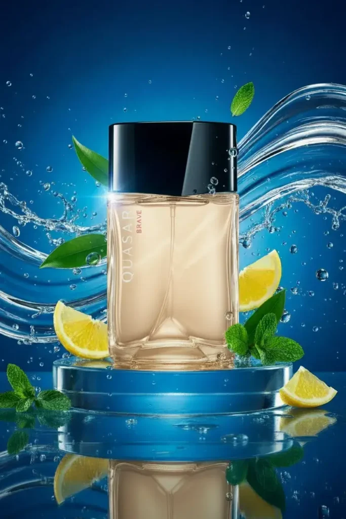 Perfume Quasar Brave com limão, folhas verdes e elementos aquáticos em cenário azul moderno, representando fragrância fresca, leve e versátil