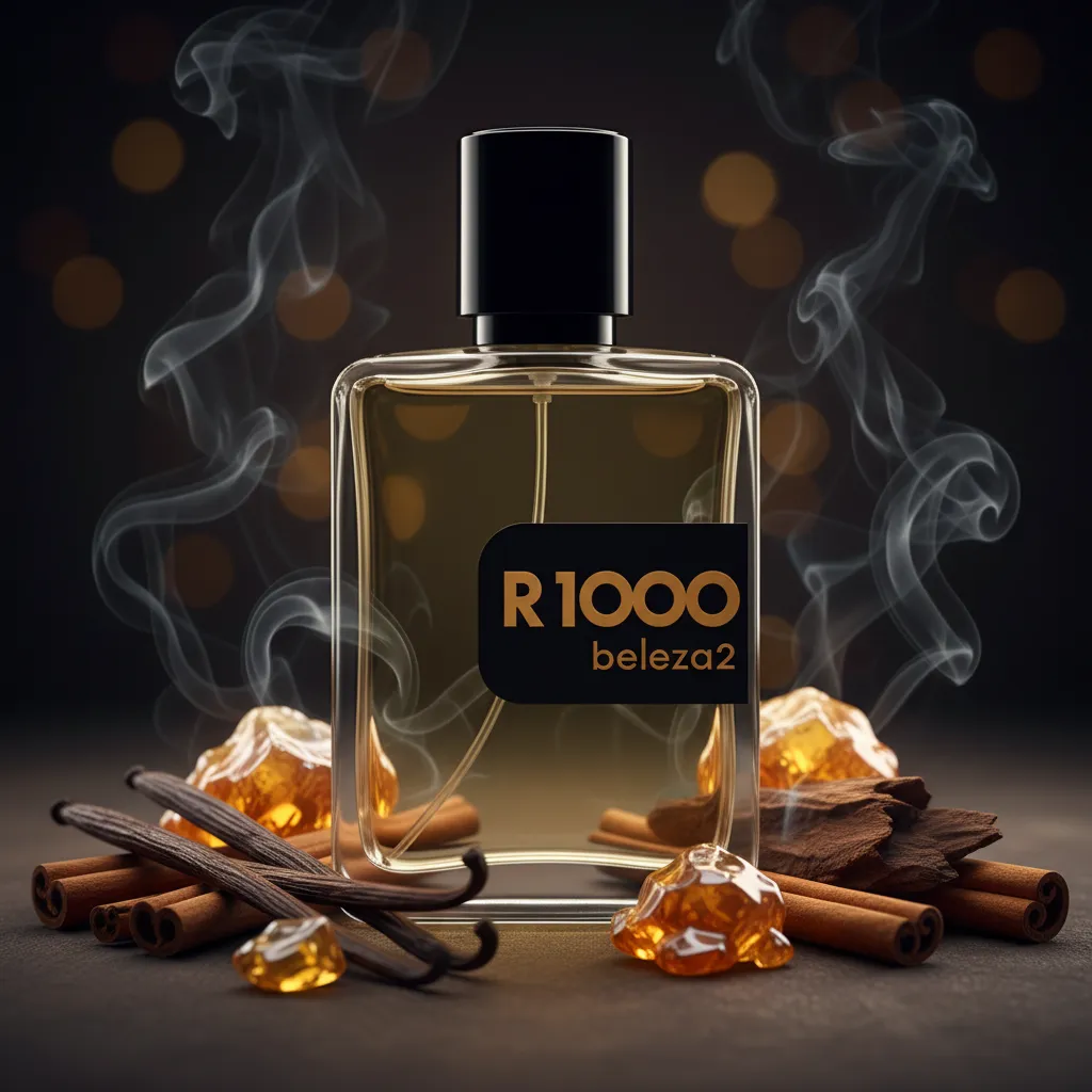Perfume R1000 da Beleza2 em frasco transparente com tampa dourada, rodeado por notas doces e aromáticas, transmitindo elegância, sofisticação e uma fragrância inspirada em perfumes importados de referência com excelente custo-benefício.