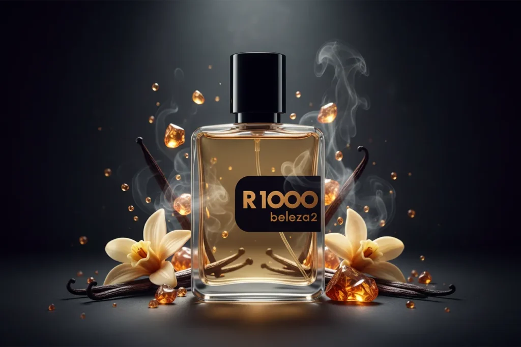 Perfume R1000 da Beleza2 em frasco transparente com tampa dourada, rodeado por elementos doces e aromáticos, transmitindo intensidade, sofisticação e uma fragrância inspirada em perfumes importados de referência com excelente custo-benefício.