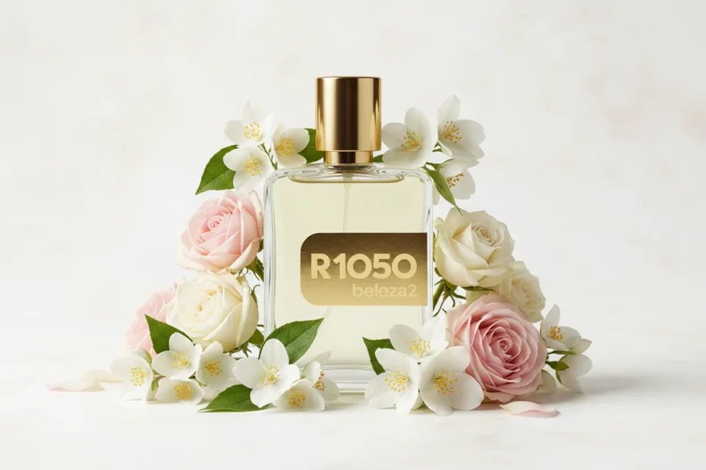 Perfume R1050 da Beleza2 em frasco transparente com tampa dourada, rodeado por flores delicadas, transmitindo elegância, feminilidade e uma fragrância inspirada em perfumes importados de referência com excelente custo-benefício.