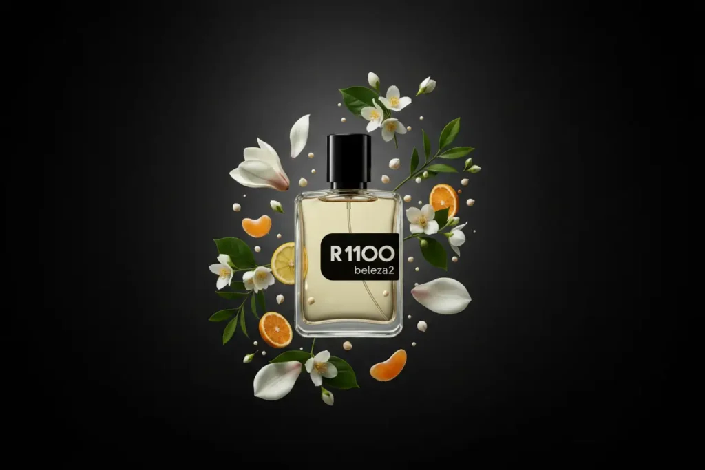 Perfume R1100 da Beleza2 em frasco transparente com tampa dourada, rodeado por elementos cítricos e florais, transmitindo frescor, elegância e uma fragrância inspirada em perfumes importados de referência.