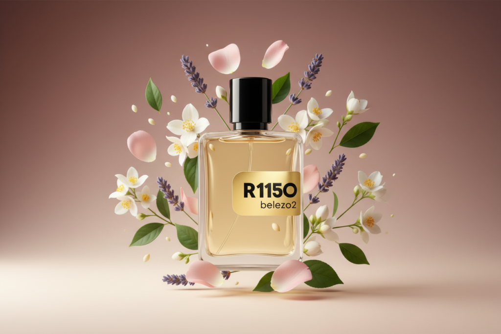 Perfume R1150 da Beleza2 em frasco transparente com tampa dourada, rodeado por elementos florais e aromáticos, transmitindo elegância, modernidade e uma fragrância inspirada em perfumes importados de referência com excelente custo-benefício.