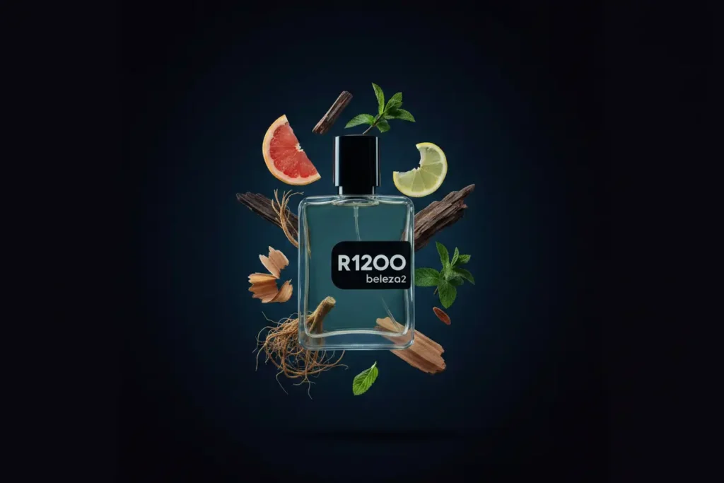Perfume R1200 da Beleza2 em frasco transparente com tampa dourada, rodeado por notas cítricas e amadeiradas, transmitindo elegância, sofisticação e uma fragrância inspirada em perfumes importados de referência com excelente custo-benefício.