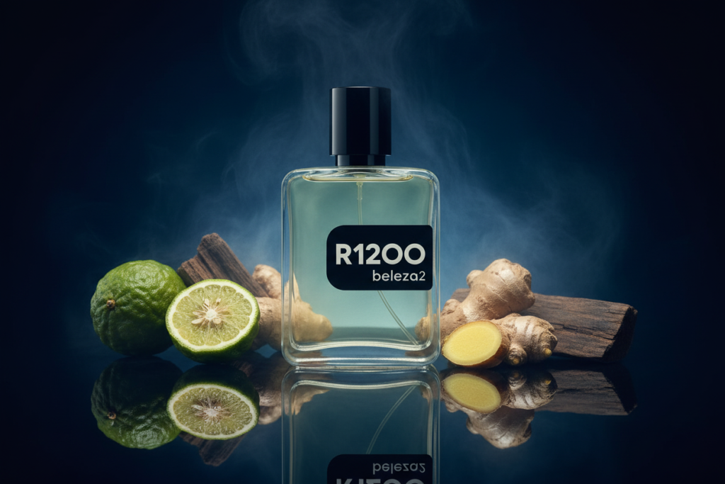 Perfume R1200 Beleza2 com bergamota, gengibre e madeira em cenário azul sofisticado, representando fragrância cítrica aromática elegante e refinada
