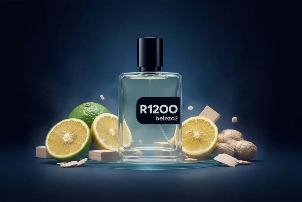 Perfume R1200 Beleza2 com bergamota, limão, gengibre e madeira em cenário azul sofisticado, representando fragrância cítrica aromática elegante